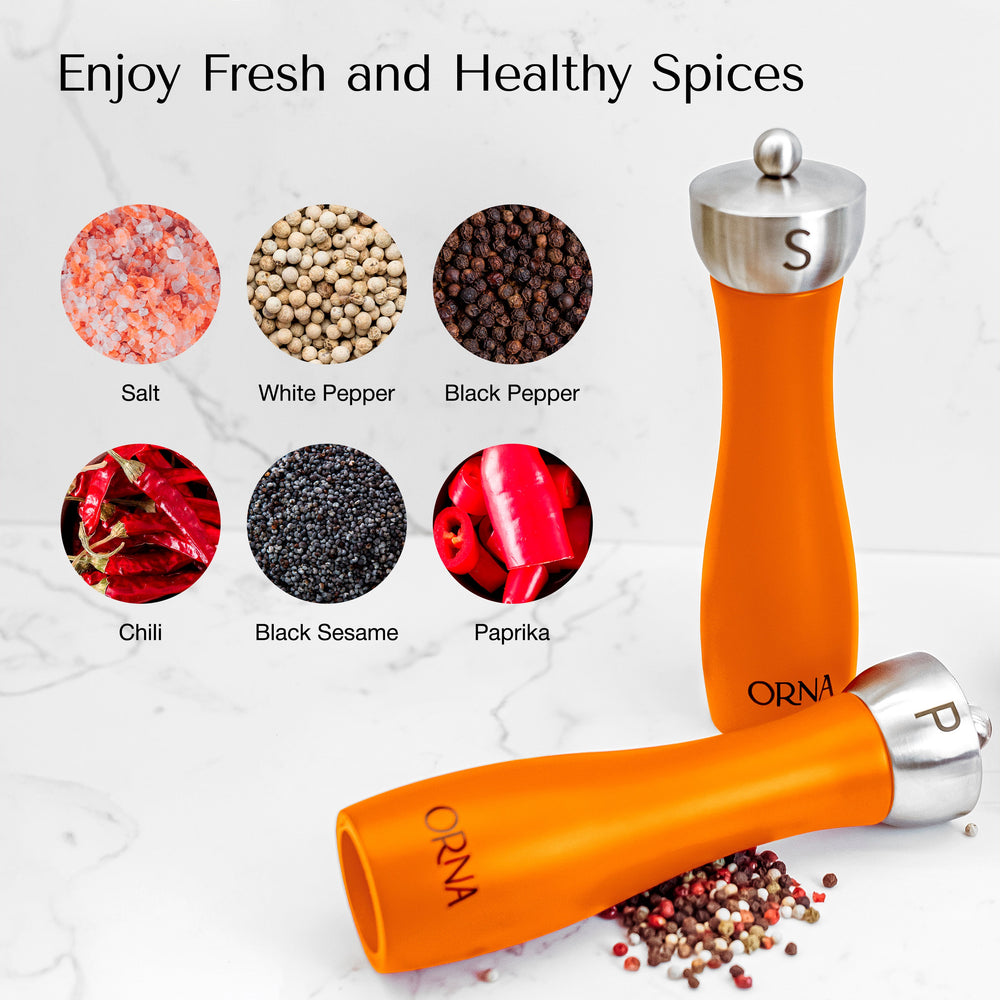 
                  
                    ORNA Salt and Pepper Wooden Grinder Set of 2 with Adjustable Coarseness Mechanism, 8.5 in / 21.5 cm, Orange
                  
                